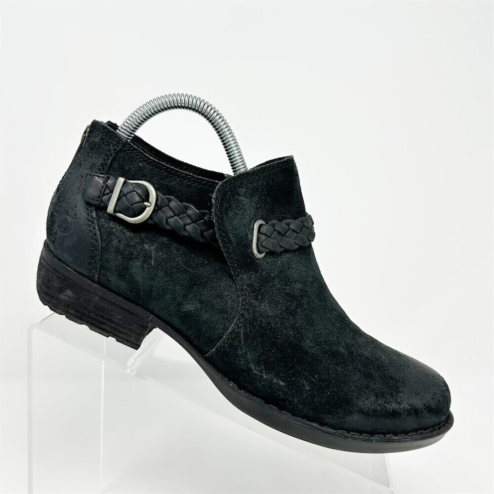 Born Sylvia Ankle Heeled Booties Black Braided Strap Buckle Back Zip Size 8